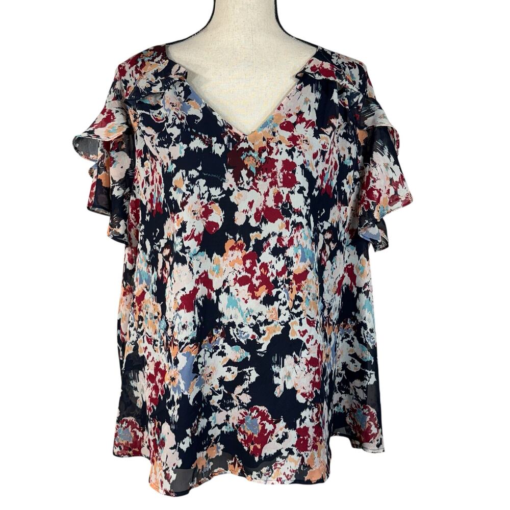 Lane Bryant SZ 18 Top Abstract Floral Lined V-Neck Ruffled Flutter Sleeves Multi